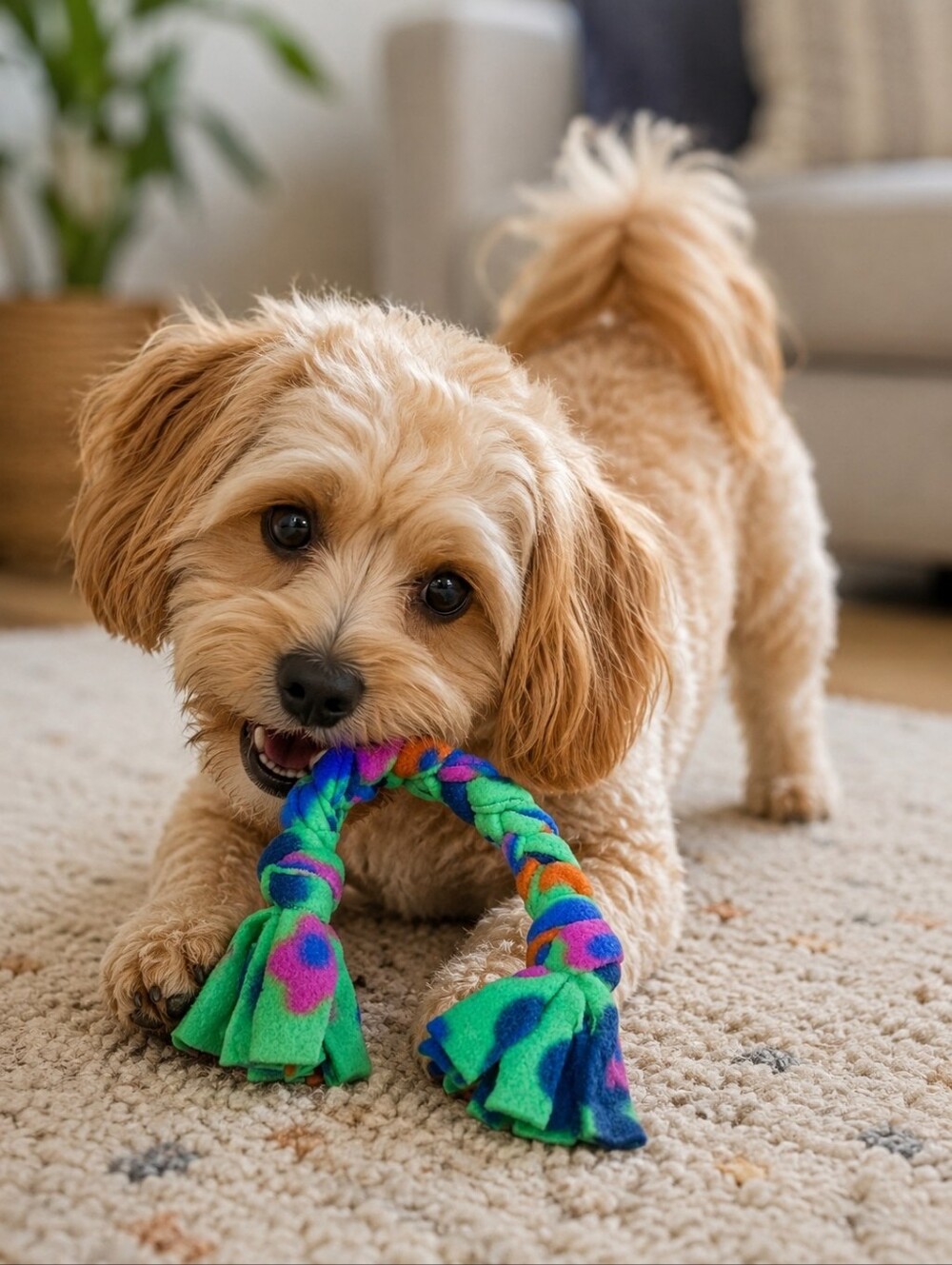 Handcrafted 14"  Sm/Med Green Dog Tug Toy